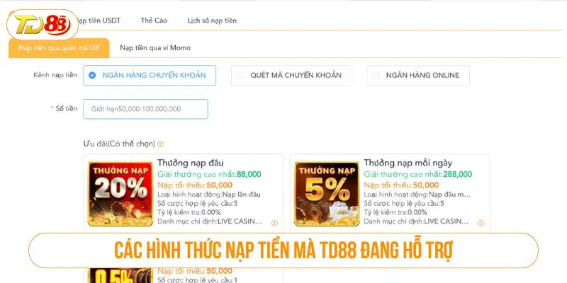 Các hình thức nạp tiền mà TD88 đang hỗ trợ