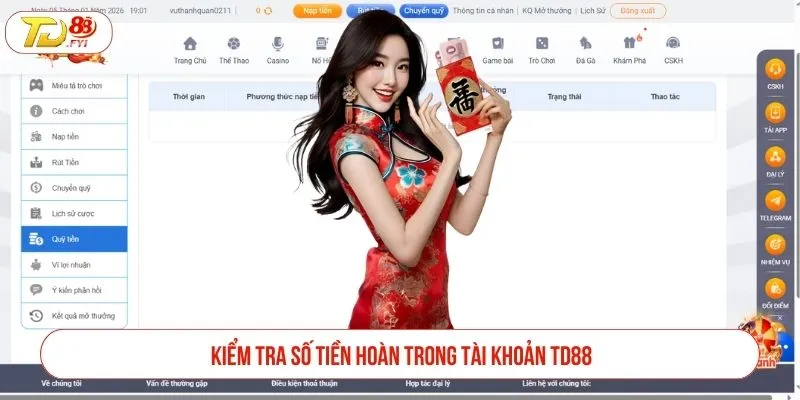 Kiểm tra số tiền hoàn trong tài khoản TD88